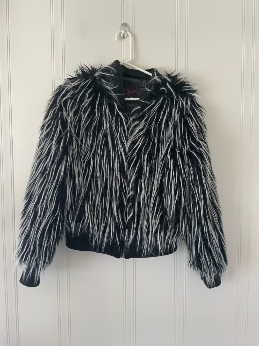 Yoki Black and White Faux Fur Shag Bomber Jacket